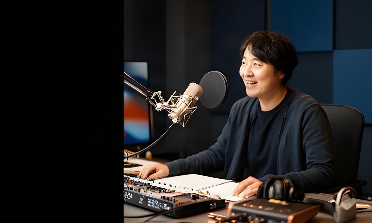紫波町のポッドキャストスタジオでマイクに向かい収録するクリエイターと作業机