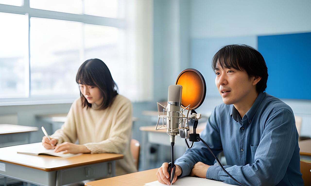 岩手県紫波町の明るい教室でマイクに向かい授業を収録する講師とノートを取る学生