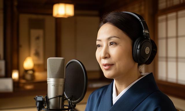 盛岡の老舗旅館の女将が館内で地域文化を語る音声番組の収録風景